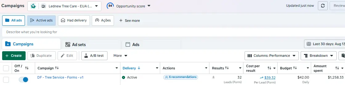 LedNew Tree Care Meta Ads campaign showing 32 tree service leads at 39 dollars per lead